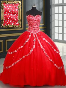 Sleeveless Beading and Appliques Lace Up Quinceanera Dresses with Red