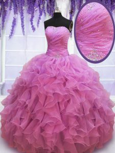Flare Sleeveless Organza Floor Length Lace Up Quinceanera Dress in Lilac with Beading and Ruffles