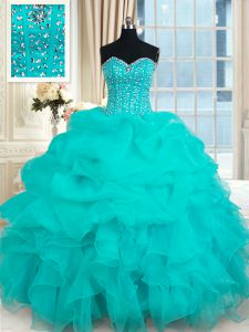 Turquoise Quince Ball Gowns Military Ball and Sweet 16 and Quinceanera and For with Beading and Ruffles and Pick Ups Sweetheart Sleeveless Lace Up