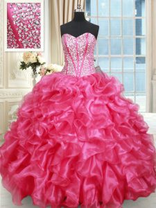 Designer Sweetheart Sleeveless Vestidos de Quinceanera Floor Length Beading and Ruffled Layers Hot Pink Organza