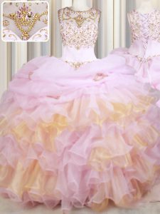 Pink Ball Gowns Scoop Sleeveless Organza With Train Court Train Lace Up Beading and Ruffles and Pick Ups Quinceanera Dresses