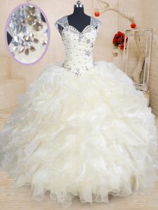 Luxurious Champagne Ball Gowns Organza Straps Cap Sleeves Beading and Ruffles Floor Length Zipper Sweet 16 Dress