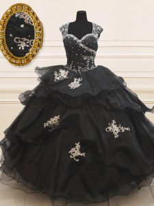 Black Strapless Zipper Beading and Appliques and Ruffles Quinceanera Gown Cap Sleeves