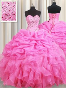 High Quality Organza Sweetheart Sleeveless Lace Up Beading and Ruffles and Pick Ups Quince Ball Gowns in Rose Pink