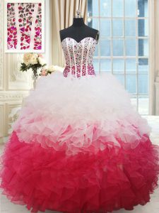 White and Red Quinceanera Gown Military Ball and Sweet 16 and Quinceanera and For with Beading and Ruffles Sweetheart Sleeveless Lace Up