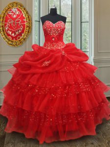 Red Sleeveless Floor Length Beading and Ruffled Layers and Sequins and Pick Ups Lace Up Sweet 16 Dress