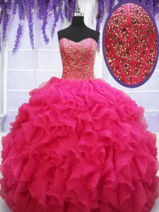 Elegant Hot Pink Ball Gowns Sweetheart Sleeveless Organza Floor Length Lace Up Beading and Ruffles Teens Party Dress