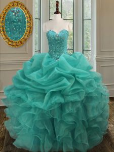 Turquoise Ball Gowns Organza Sweetheart Sleeveless Beading and Ruffles and Pick Ups Floor Length Lace Up Quince Ball Gowns