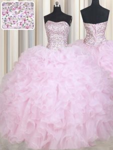 Designer Baby Pink Ball Gowns Beading and Ruffles Ball Gown Prom Dress Lace Up Organza Sleeveless Floor Length