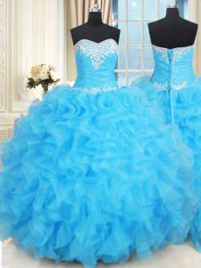 Sleeveless Floor Length Beading and Ruffles and Ruffled Layers Lace Up Quinceanera Dress with Baby Blue
