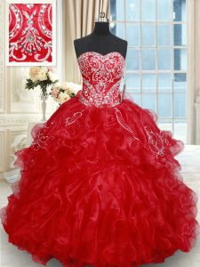 Red Ball Gowns Sweetheart Sleeveless Organza Brush Train Lace Up Beading and Embroidery and Ruffled Layers Quinceanera Court of Honor Dress