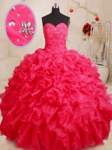Low Price Coral Red Ball Gowns Beading and Ruffles 15th Birthday Dress Lace Up Organza Sleeveless Floor Length