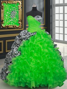 Chic Lace Up Sweetheart Beading and Ruffles and Pick Ups Ball Gown Prom Dress Organza and Printed Sleeveless Brush Train