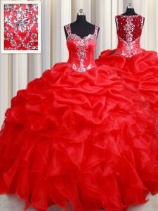 Custom Designed Red Ball Gowns Straps Sleeveless Organza Floor Length Zipper Beading and Ruffles 15th Birthday Dress