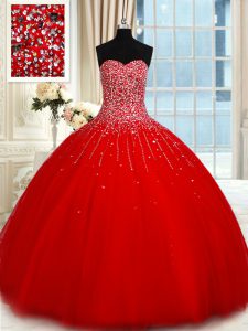 Dramatic Red Quinceanera Gowns Military Ball and Sweet 16 and Quinceanera and For with Beading Sweetheart Sleeveless Lace Up
