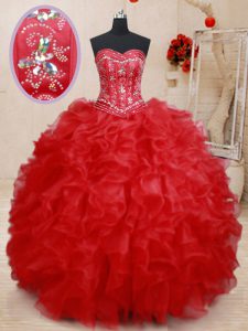 Red Lace Up Sweetheart Beading and Ruffles Quince Ball Gowns Organza Sleeveless
