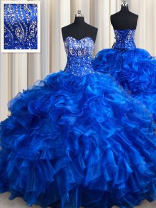 Deluxe Brush Train Ball Gowns Sweet 16 Dresses Royal Blue Sweetheart Organza Sleeveless Lace Up