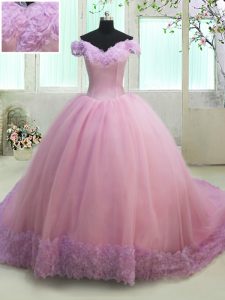 New Arrival Off the Shoulder Lilac Cap Sleeves Court Train Ruching With Train 15th Birthday Dress