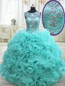 Colorful See Through Fabric with Rolling Flowers Floor Length Aqua Blue Quinceanera Dresses Scoop Sleeveless Lace Up