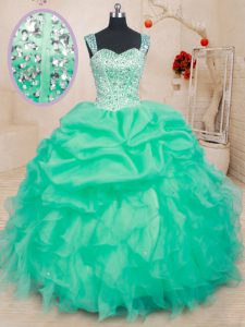 Turquoise Ball Gowns Straps Sleeveless Organza Floor Length Lace Up Beading and Ruffles and Pick Ups Sweet 16 Quinceanera Dress