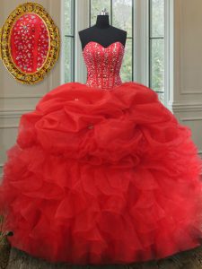 Luxury Red Lace Up Sweet 16 Quinceanera Dress Beading and Ruffles and Pick Ups Sleeveless