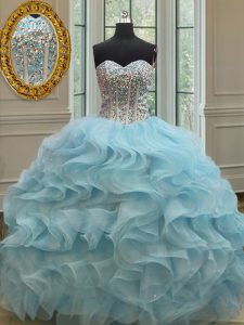 Sequins Ball Gowns Quinceanera Dress Light Blue Sweetheart Organza Sleeveless Floor Length Lace Up