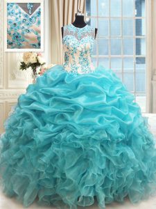 Scoop Floor Length Aqua Blue 15 Quinceanera Dress Organza Sleeveless Appliques and Ruffles and Pick Ups