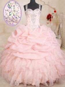 New Arrival Baby Pink Ball Gowns Straps Sleeveless Organza Floor Length Zipper Beading and Ruffles and Pick Ups 15th Birthday Dress