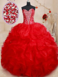 Red Sleeveless Floor Length Beading and Ruffles Lace Up 15th Birthday Dress
