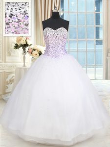 White Ball Gowns Tulle Sweetheart Sleeveless Beading Floor Length Lace Up Quinceanera Gown