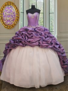 Elegant Sleeveless Organza and Taffeta With Train Court Train Lace Up Quinceanera Court of Honor Dress in White And Purple with Beading and Pick Ups
