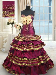 Chic Burgundy Sweetheart Neckline Beading and Ruffled Layers and Bowknot Quinceanera Gowns Sleeveless Lace Up