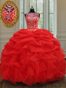 Fine See Through Red Lace Up Ball Gown Prom Dress Beading and Ruffles Sleeveless Floor Length