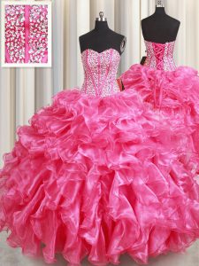 Hot Pink Sweetheart Neckline Beading and Ruffles 15 Quinceanera Dress Sleeveless Lace Up