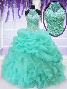 Simple Aqua Blue Lace Up Halter Top Beading and Ruffles and Pick Ups Quinceanera Gown Organza Sleeveless