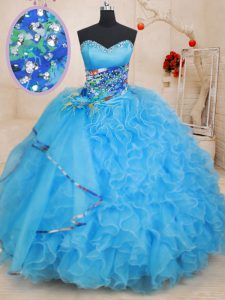 Baby Blue Ball Gowns Beading and Ruffles and Pattern Ball Gown Prom Dress Lace Up Organza Sleeveless Floor Length
