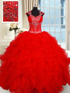 Hot Selling Red Sweetheart Backless Beading and Ruffles Quinceanera Dress Cap Sleeves