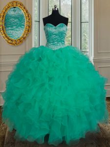 Organza Sweetheart Sleeveless Lace Up Beading and Ruffles Quinceanera Dress in Turquoise