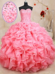 Pink Organza Lace Up Sweet 16 Quinceanera Dress Sleeveless Floor Length Beading and Ruffles