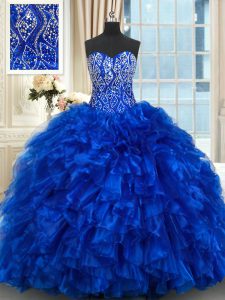 Best Selling Royal Blue Sleeveless Brush Train Beading and Ruffles With Train Ball Gown Prom Dress