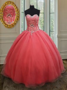 Pink Sleeveless Floor Length Beading Lace Up Quinceanera Dress