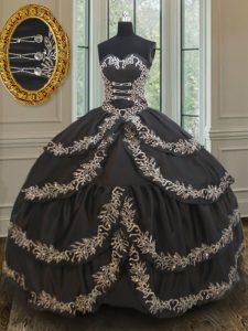 Ruffled Embroidery Ball Gowns Sweet 16 Dress Black Sweetheart Taffeta Sleeveless Floor Length Lace Up