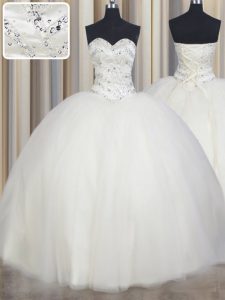 Cheap White Ball Gowns Sweetheart Sleeveless Tulle Floor Length Lace Up Beading Quince Ball Gowns