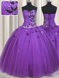 Shining Eggplant Purple Sweetheart Neckline Beading and Appliques Quinceanera Gowns Sleeveless Lace Up