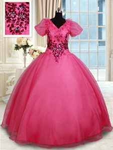 Delicate Coral Red Organza Lace Up V-neck Short Sleeves Floor Length Ball Gown Prom Dress Beading