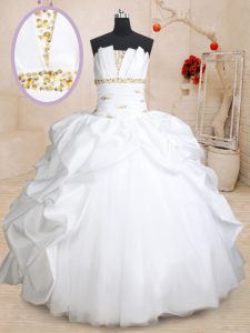 High End Scoallped White Sleeveless Floor Length Beading and Pick Ups Lace Up Quince Ball Gowns