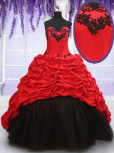 Vintage Red And Black Organza and Taffeta Lace Up Ball Gown Prom Dress Sleeveless With Brush Train Appliques and Pick Ups