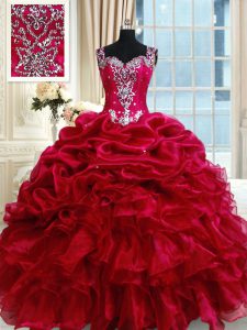 Straps Organza Sleeveless Floor Length Sweet 16 Quinceanera Dress and Ruffled Layers and Pick Ups