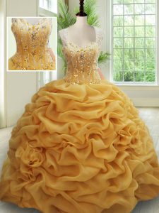Best Selling Gold Ball Gowns Straps Sleeveless Organza With Brush Train Zipper Beading and Pick Ups Sweet 16 Quinceanera Dress