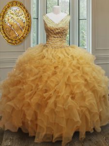 Dramatic Floor Length Gold 15th Birthday Dress V-neck Sleeveless Zipper